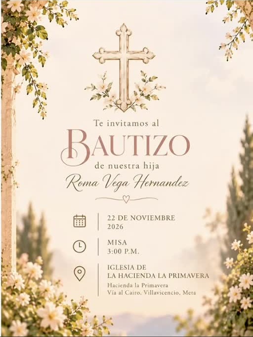 Bautizo de Roma Vega Hernandez. 22 de noviembre de 2026, misa a las 3:00 p.m. Iglesia de la Hacienda La Primavera, vía al Cairo, Villavicencio, Meta.