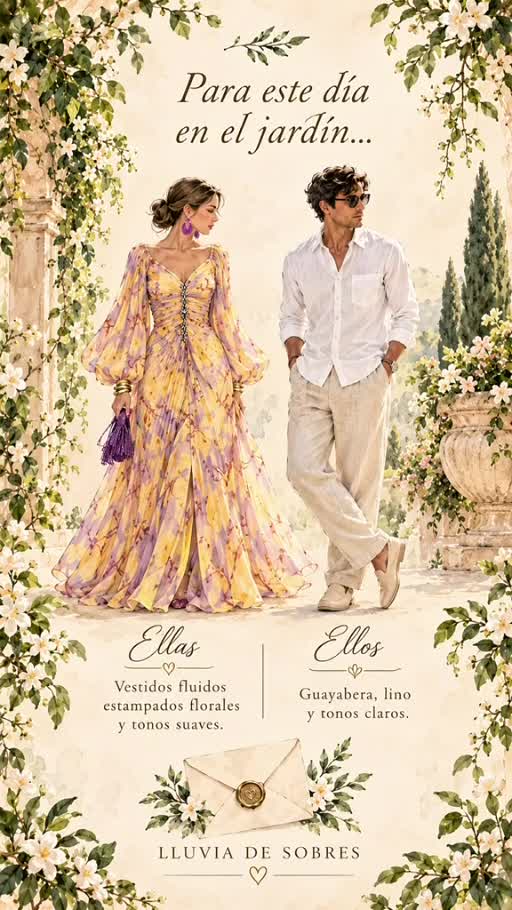 Ellas: vestidos fluidos, estampados florales y tonos suaves. Ellos: guayabera, lino y tonos claros. Lluvia de sobres.
